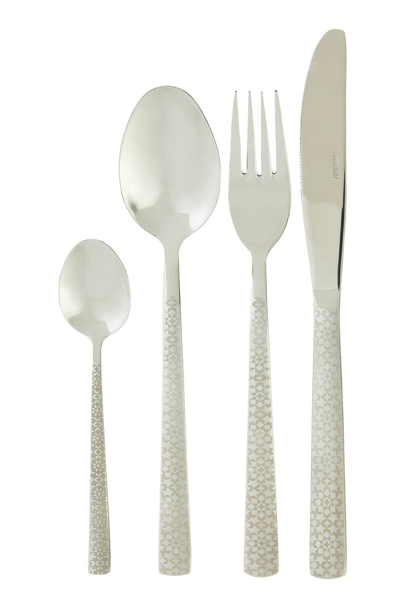Casablanca 16-piece stainless steel cutlery set by Orsina, including forks, knives, spoons, and teaspoons arranged on a table.