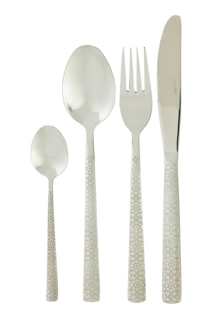 Casablanca 16-piece stainless steel cutlery set by Orsina, including forks, knives, spoons, and teaspoons arranged on a table.