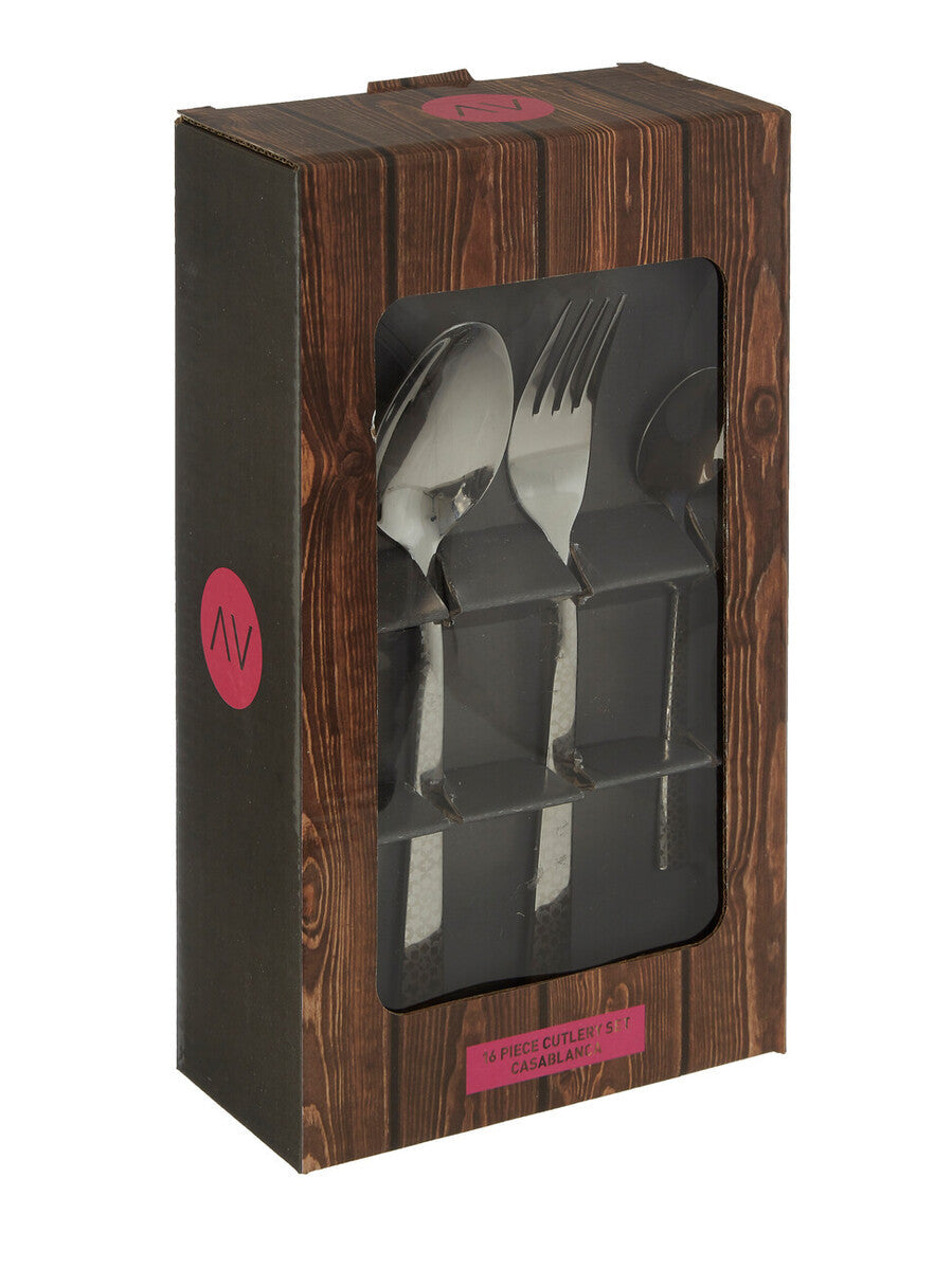 Casablanca 16-piece stainless steel cutlery set by Orsina, including forks, knives, spoons, and teaspoons arranged on a table.