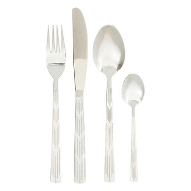 Orsina 24-piece etched deco cutlery set with sleek stainless steel forks, knives, and spoons arranged on a table.