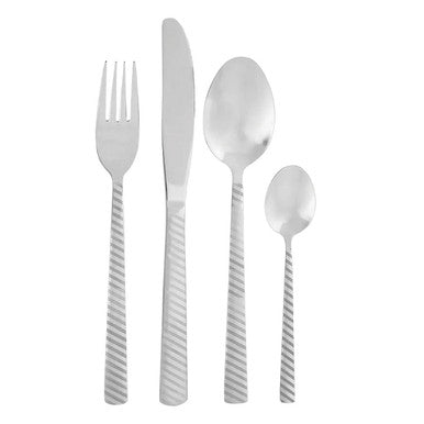 Orsina Candy 16-piece cutlery set with stainless steel knives, forks, and spoons arranged on a table.