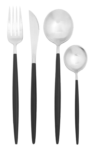 16-piece matte silver and black cutlery set by Orsina, including knives, forks, and spoons, arranged on a neutral background.