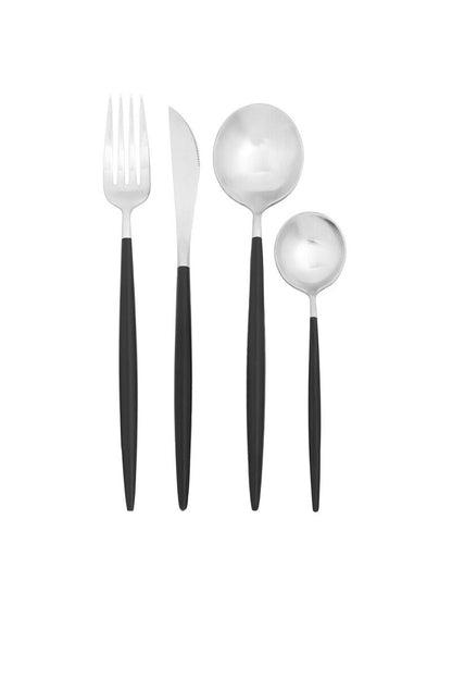 Orsina 16-piece matte silver and black cutlery set with forks, knives, and spoons arranged on a clean surface.