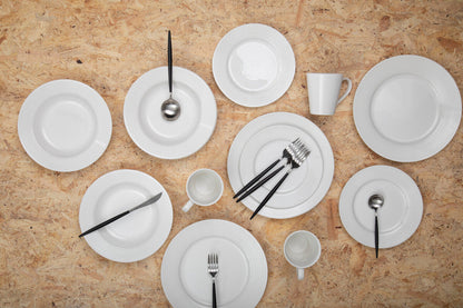 16-piece matte silver and black cutlery set by Orsina, featuring sleek knives, forks, and spoons for modern table setting.