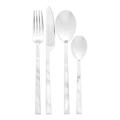 Orsina 16-piece white faux marble cutlery set including knives, forks, and spoons arranged on a table.