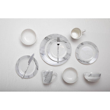 Orsina 16-piece white faux marble cutlery set featuring sleek knives, forks, and spoons with elegant marble handles.
