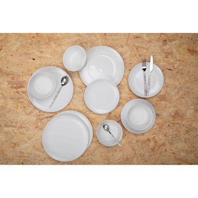 Set of 16 white faux marble cutlery pieces by Orsina, including forks, knives, and spoons arranged on a wooden surface.