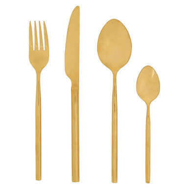 Orsina 16-piece gold finish cutlery set with modern retro design, including forks, knives, spoons, arranged neatly on a table.