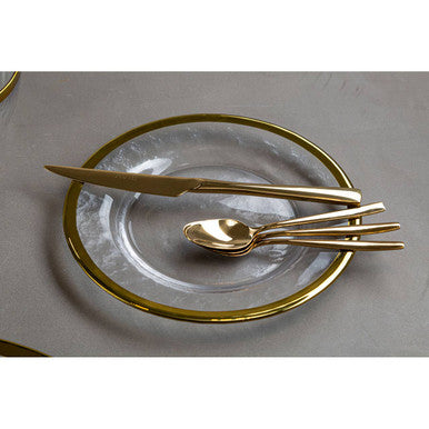 Orsina 16-piece gold finish modern retro cutlery set, including forks, knives, and spoons arranged on a white surface.