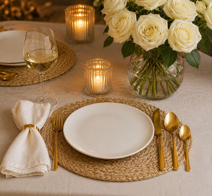 Orsina 16-piece gold finish cutlery set with modern retro design, including forks, knives, spoons, and serving utensils.