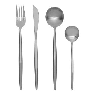 16-piece matte silver cutlery set by Orsina, modern retro style including knives, forks, and spoons on a clean surface.