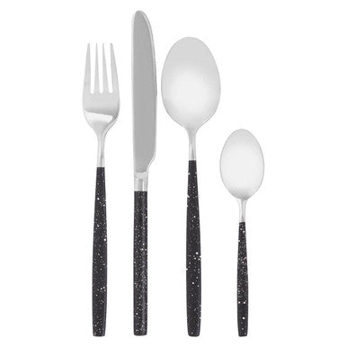 Orsina 16-piece black and silver cutlery set with speckle effect, including knives, forks, and spoons on a white background.