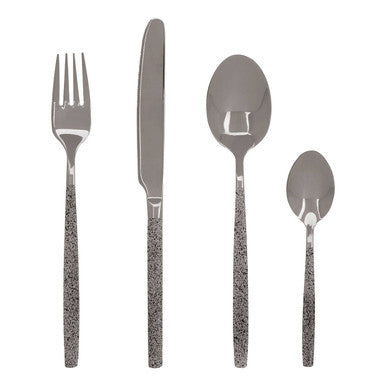 Set of 16-piece granite pattern cutlery by Orsina, including knives, forks, and spoons displayed on a wooden surface.