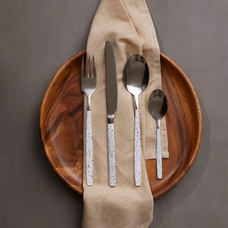 Orsina 16-piece granite pattern cutlery set with stainless steel forks, knives, and spoons arranged on a table.