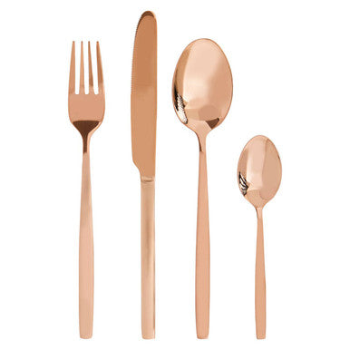16-piece rose gold finish cutlery set by Orsina, including forks, knives, spoons, and teaspoons arranged neatly on a table.
