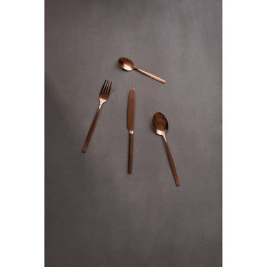 Orsina 16-piece rose gold finish cutlery set including forks, knives, spoons, and teaspoons arranged on a white background.