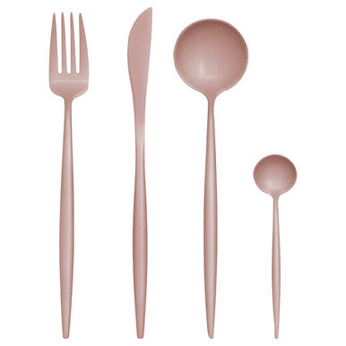 Orsina 16-piece matte pink finish cutlery set including forks, knives, and spoons arranged neatly on a white background.