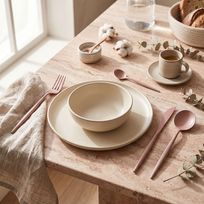 16-piece matte pink finish cutlery set by Orsina, includes knives, forks, and spoons with a sleek modern design.
