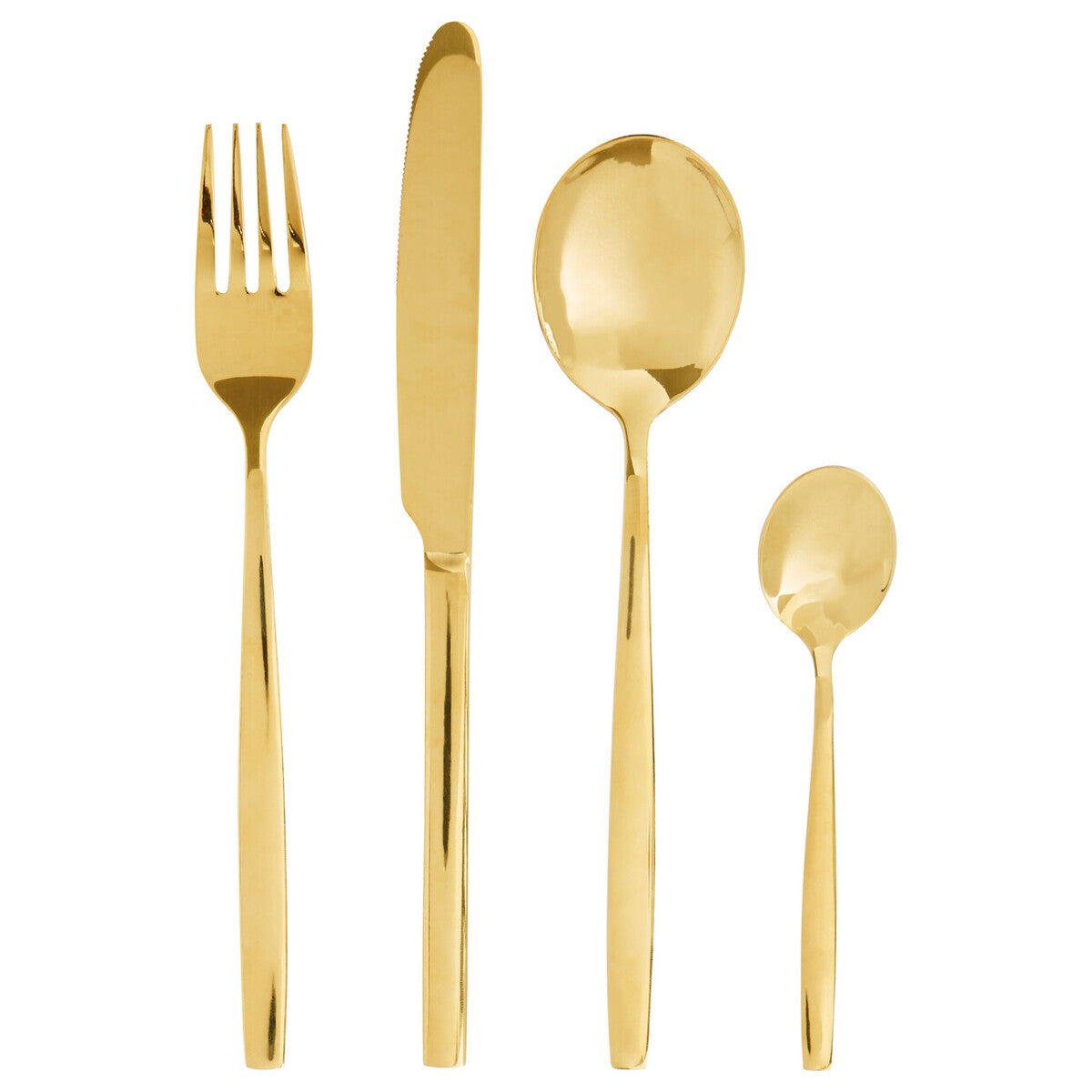 Orsina 16-piece gold finish stainless steel cutlery set with forks, knives, spoons, and teaspoons displayed on a table.
