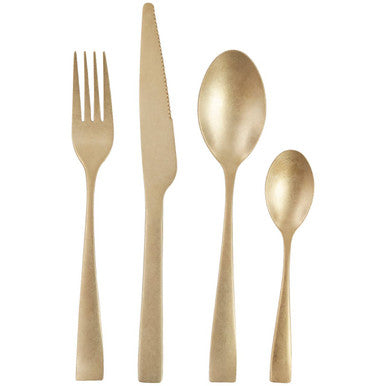Antique gold 16-piece Orsina cutlery set including forks, knives, spoons, and teaspoons arranged on a table.