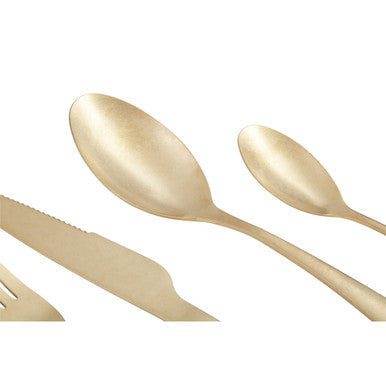 16-piece antique gold Orsina cutlery set including forks, knives, and spoons arranged on a table.