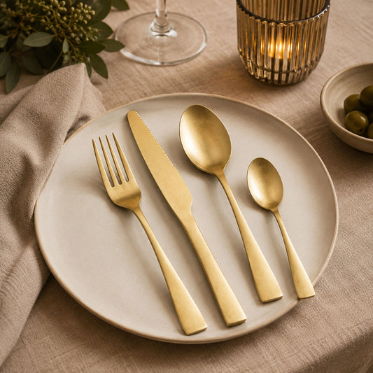 Orsina 16-piece antique gold cutlery set featuring forks, knives, and spoons arranged on a wooden surface.