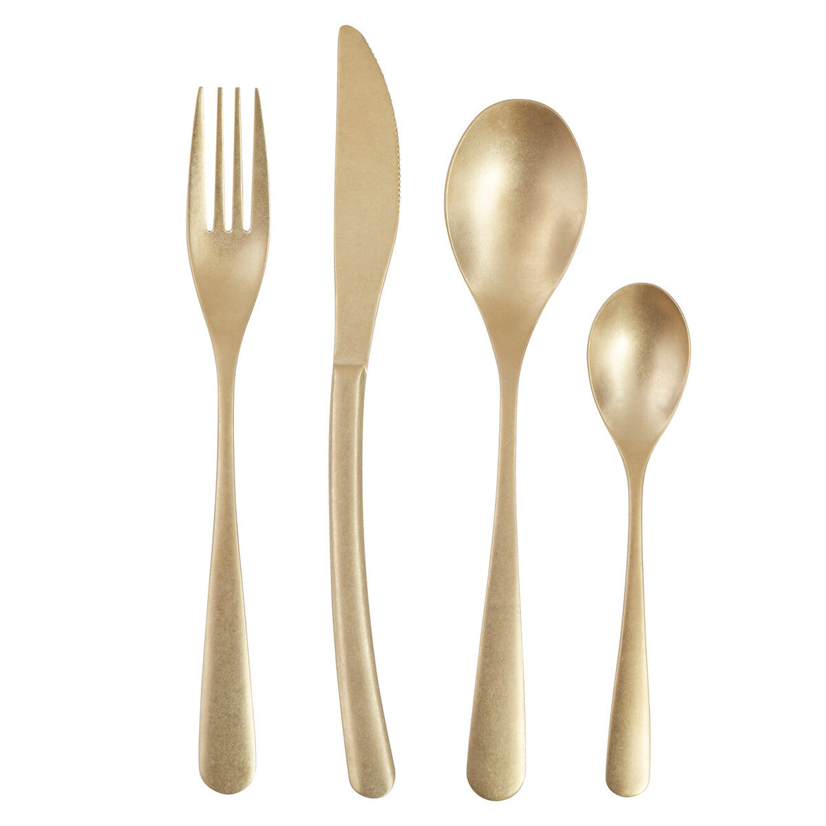Orsina 16-piece antique gold finish cutlery set, including knives, forks, and spoons arranged on a white background.