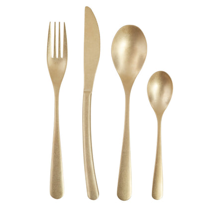Orsina 16-piece antique gold finish cutlery set, including knives, forks, and spoons arranged on a white background.