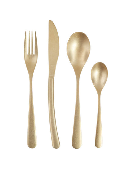 Set of 16 antique gold finish Orsina cutlery pieces including forks, knives, and spoons arranged on a table.