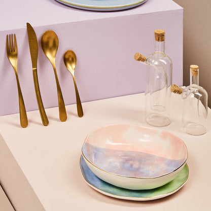 Orsina 16-piece antique gold finish cutlery set featuring forks, knives, and spoons arranged on a white background.