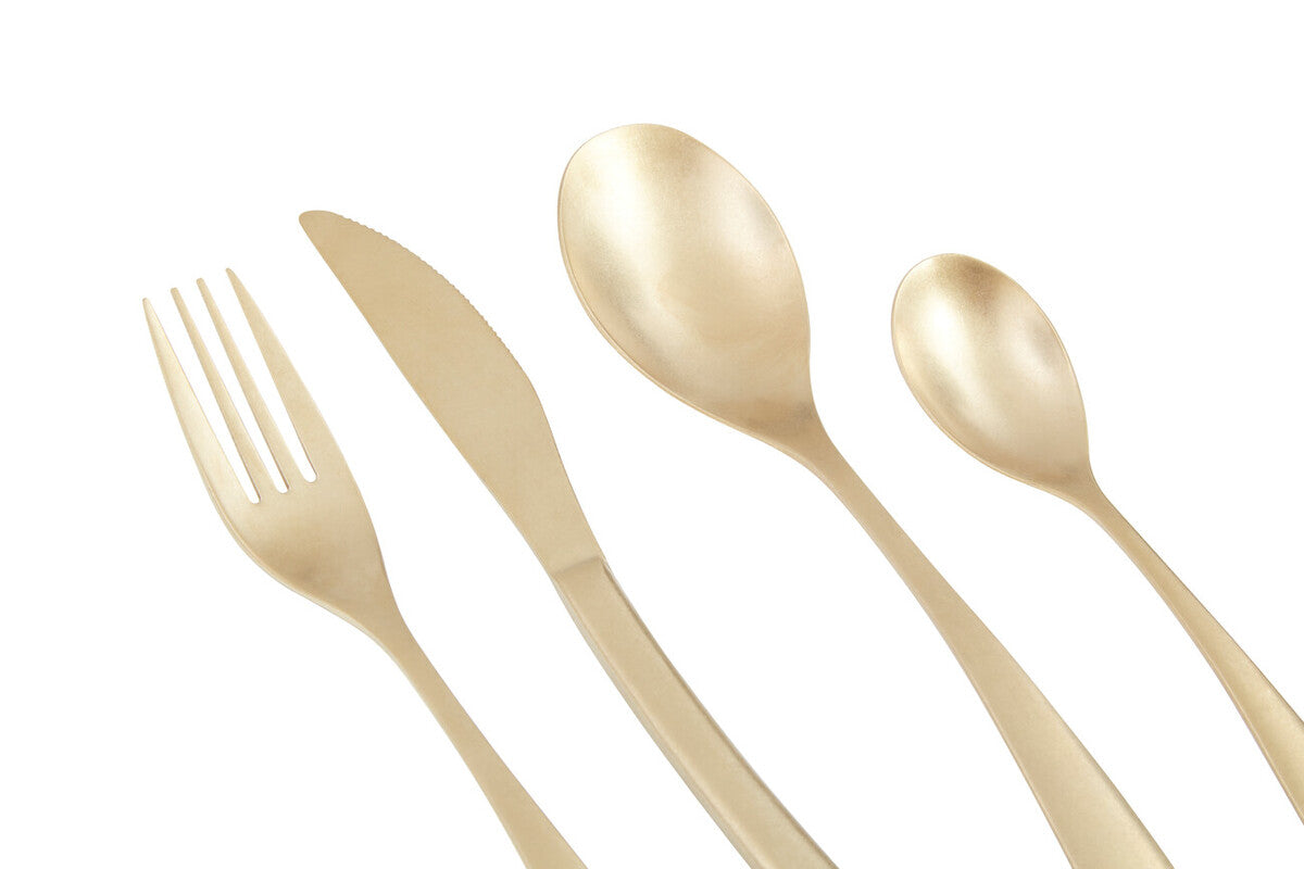 16-piece antique gold finish cutlery set by Orsina, featuring knives, forks, spoons, and teaspoons for elegant dining.