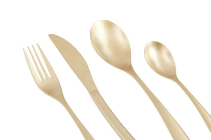 16-piece antique gold finish cutlery set by Orsina, featuring knives, forks, spoons, and teaspoons for elegant dining.