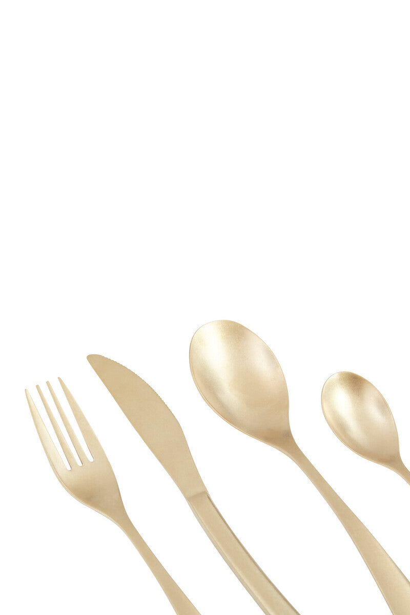 Orsina 16-piece antique gold finish cutlery set with forks, knives, and spoons laid out on a wooden table.