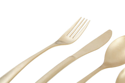 Orsina 16-piece antique gold finish cutlery set including forks, knives, and spoons arranged on a table.