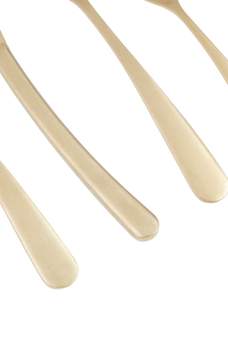 Orsina 16-piece antique gold finish cutlery set including forks, knives, and spoons displayed on a table.