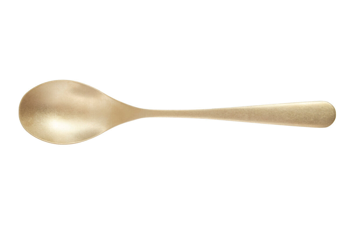 Orsina 16-piece antique gold finish cutlery set, including forks, knives, and spoons arranged on a table setting.