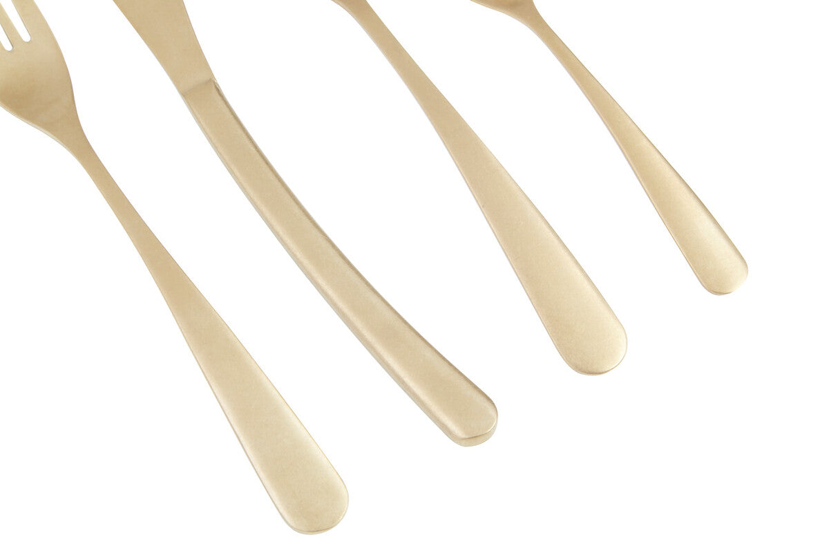 Orsina 16-piece antique gold finish cutlery set including forks, knives, spoons, and teaspoons arranged on a table.