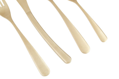Orsina 16-piece antique gold finish cutlery set including forks, knives, spoons, and teaspoons arranged on a table.
