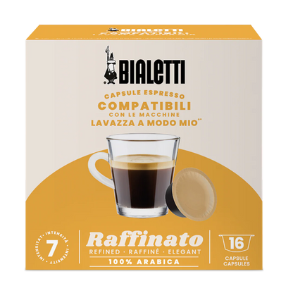 Bialetti Lavazza A Modo Mio compatible coffee capsules by Brew Italia, showing a row of sleek coffee capsule containers.