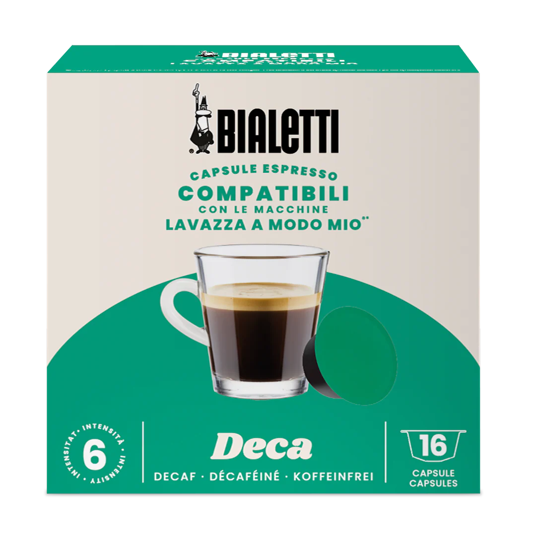 Bialetti Lavazza A Modo Mio compatible coffee capsules by Brew Italia, showcasing a row of decaffeinated coffee capsules.
