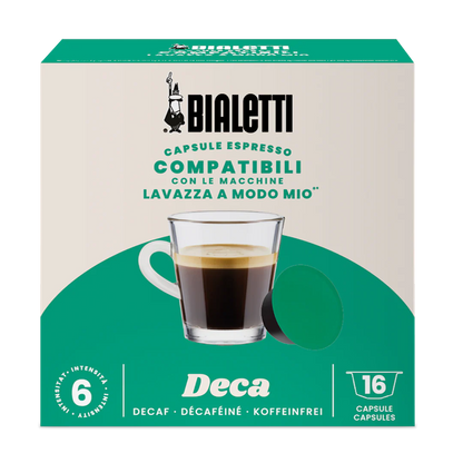 Bialetti Lavazza A Modo Mio compatible coffee capsules by Brew Italia, showcasing a row of decaffeinated coffee capsules.