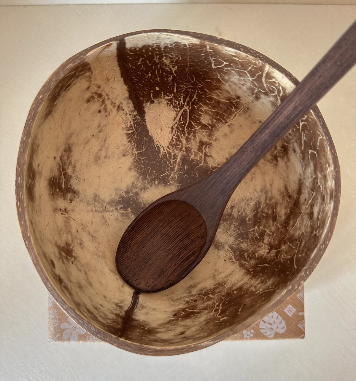 Jungle Culture coconut bowl with matching spoon from Gurt Lush Food Co, featuring a natural coconut shell and wooden spoon.