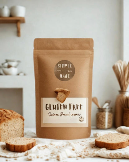 Simple Bake gluten-free quinoa bread premix package with ingredients and branding visible on the label.