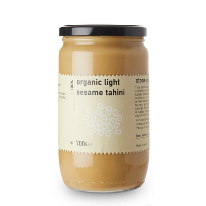 Organic Light Sesame Tahini by Whole Food Earth, a smooth raw sesame dip and spread in a jar.