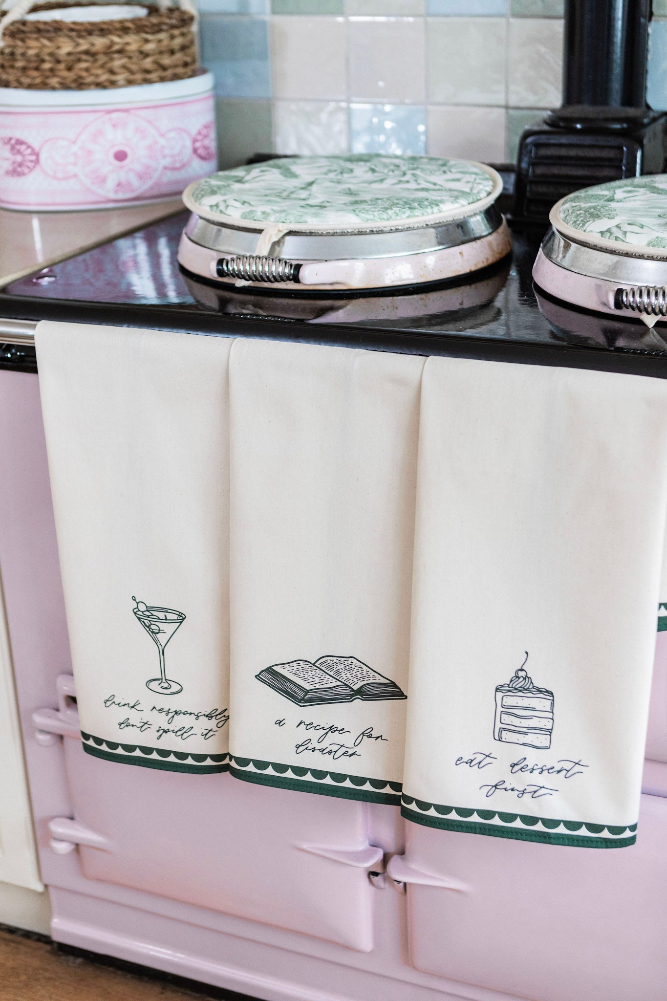 Avalon Home UK "Drink Responsibly, Don't Spill Tea" tea towel with printed message and colorful design.