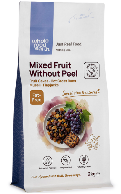 Assorted dried mixed fruit without peel from Whole Food Earth, showing colorful slices of dried apple, apricot, and pear.