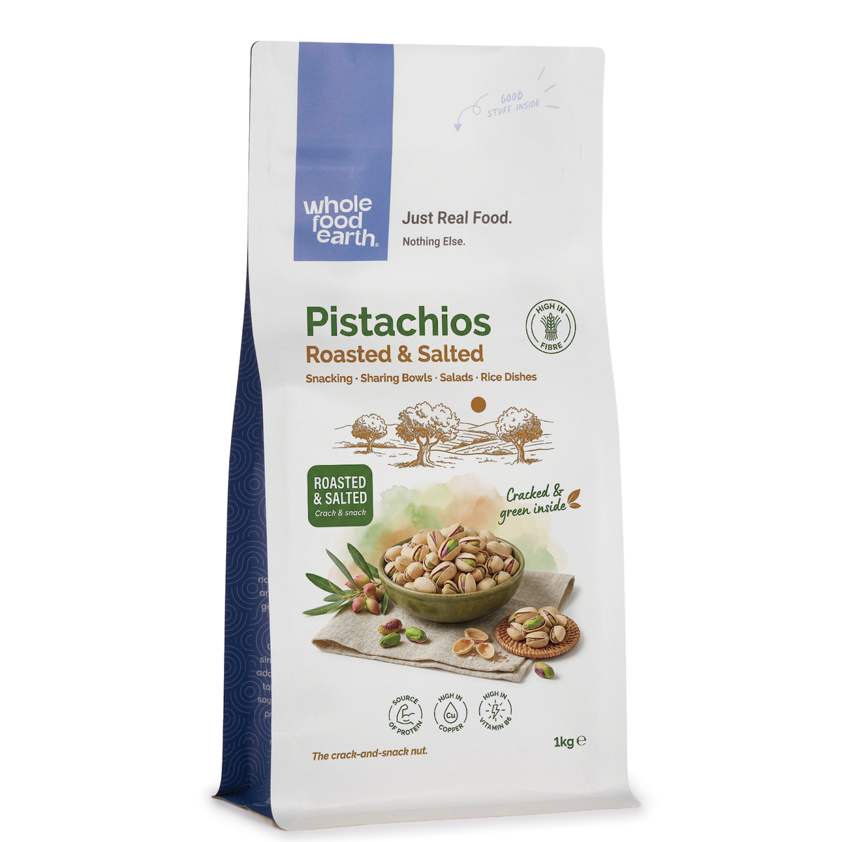 Roasted and salted pistachios in a clear bowl, Whole Food Earth nuts and seeds product, showing green and salted nut shells.