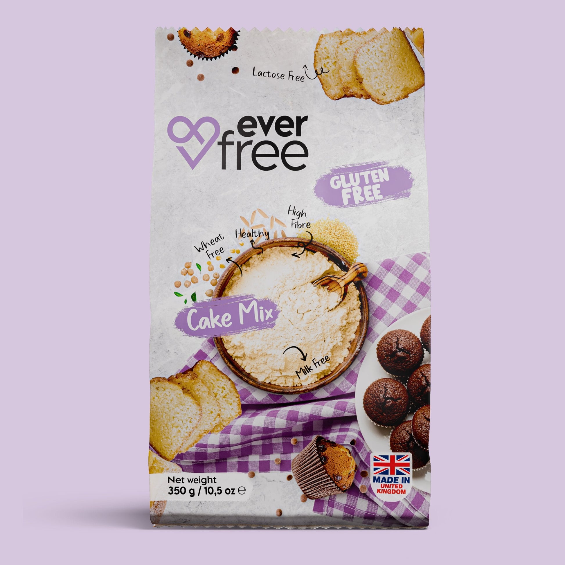 EverFree gluten-free cake mix in 350g packs, with three mixes shown, featuring a baking scene with prepared cake batter.