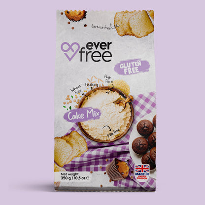 EverFree gluten-free cake mix in 350g packs, with three mixes shown, featuring a baking scene with prepared cake batter.