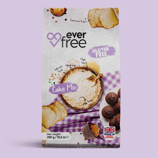 EverFree gluten-free cake mix in 350g packs, with three mixes shown, featuring a baking scene with prepared cake batter.